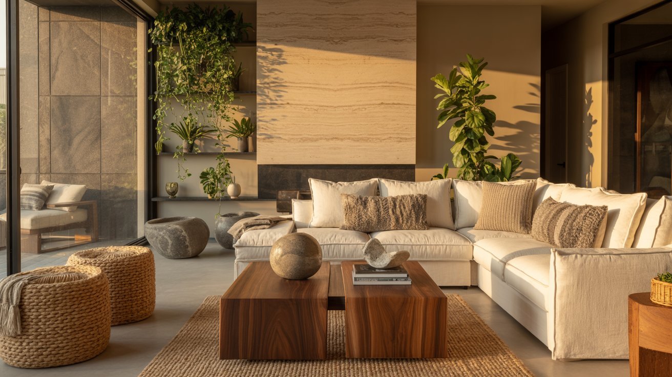 Modern living room with a cozy white sectional sofa, wooden coffee tables, potted plants, and a large window. The room feels warm and inviting.