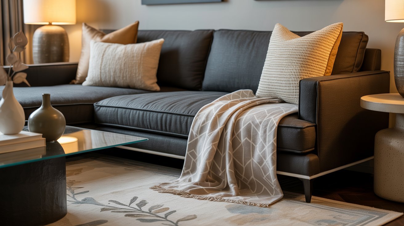 A cozy living room features a dark gray sofa adorned with beige pillows and a geometric-patterned throw. Warm lighting and a glass coffee table create an inviting ambiance.