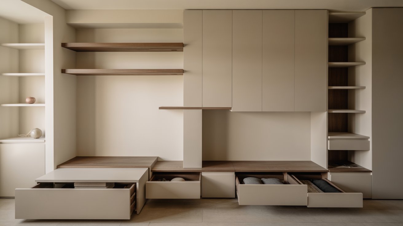 Minimalist beige storage unit with open and closed shelves, drawers partially open revealing folded clothes. A clean, modern, organized look.