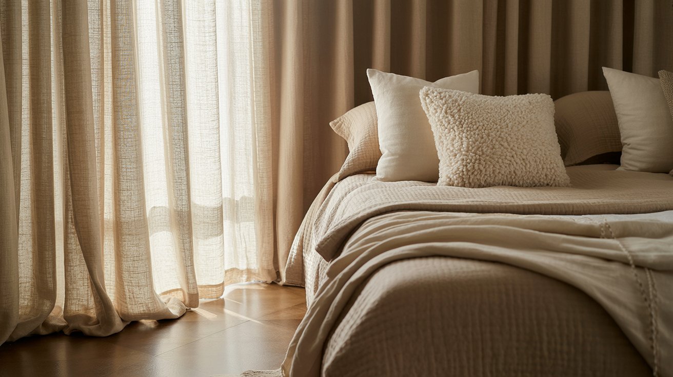 A cozy bedroom features a neatly made bed with textured beige pillows and blankets, next to softly lit sheer curtains, creating a serene atmosphere.