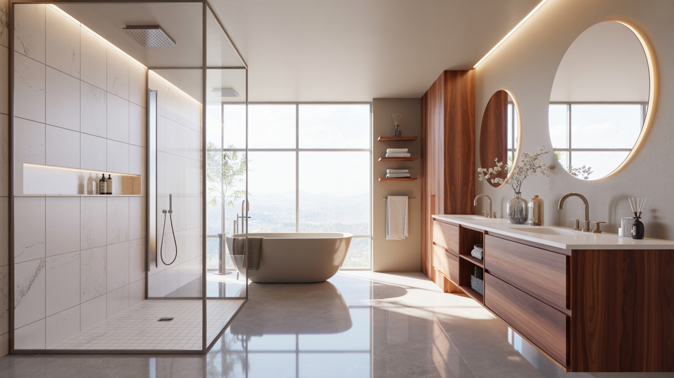 Modern bathroom with floor-to-ceiling windows, a freestanding bathtub, a glass-enclosed shower, and a wooden double vanity with round mirrors.
