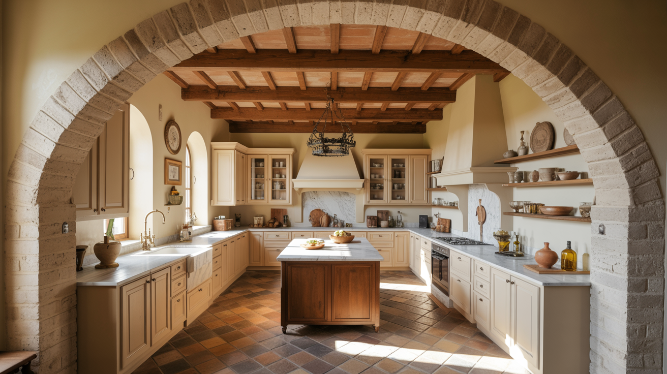 Rustic kitchen with cream cabinets under a wooden beam ceiling. Central island and arched brick doorway create a warm, inviting atmosphere.