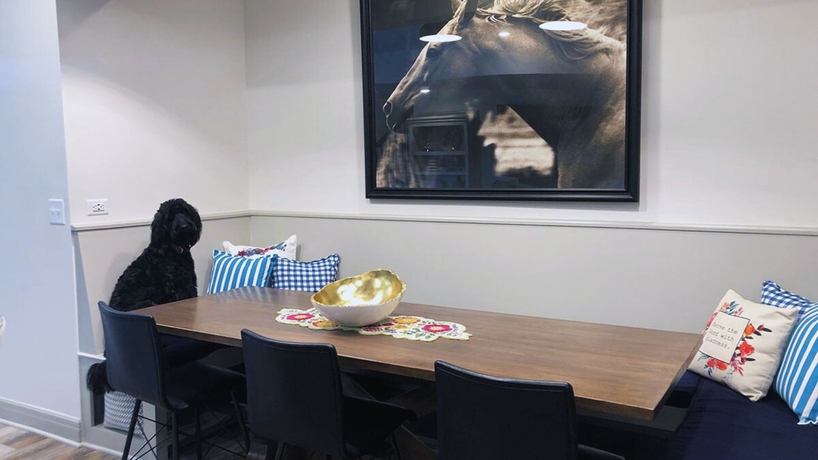 A cozy dining nook with a wooden table and black chairs. A black dog sits on a chair, with colorful pillows on the bench. A large horse photo hangs above, creating a calm, inviting atmosphere.