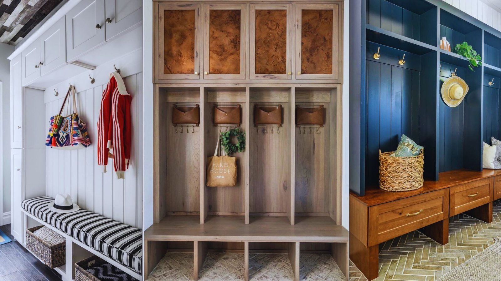 Three stylish mudrooms side by side. Left: white cabinetry, striped cushion, colorful bags. Middle: wooden lockers, neutral decor. Right: dark wood, wicker basket.