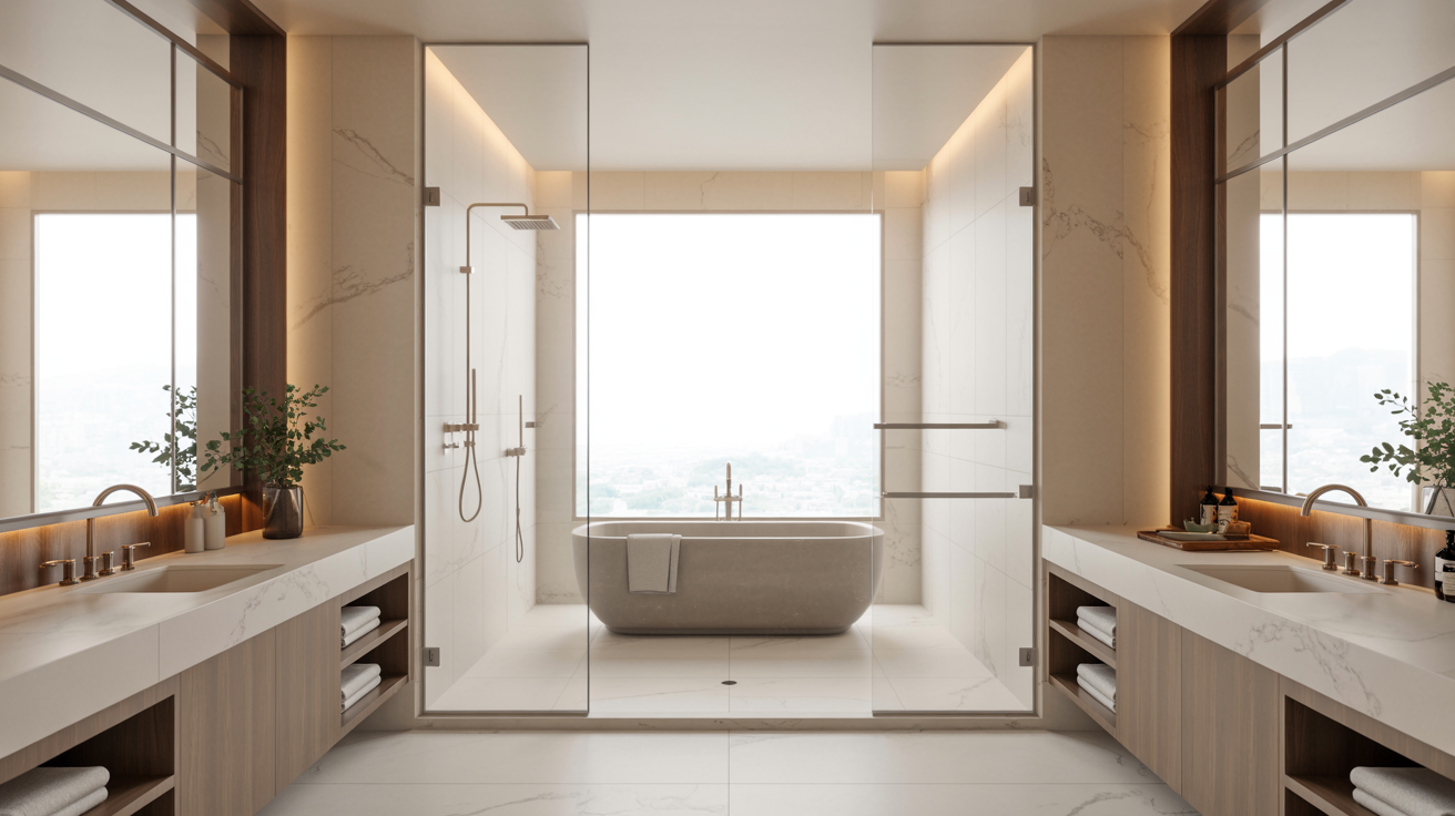Sophisticated bathroom with a central freestanding tub in front of a large window. Flanked by two vanities, shelves hold towels; plants add freshness.