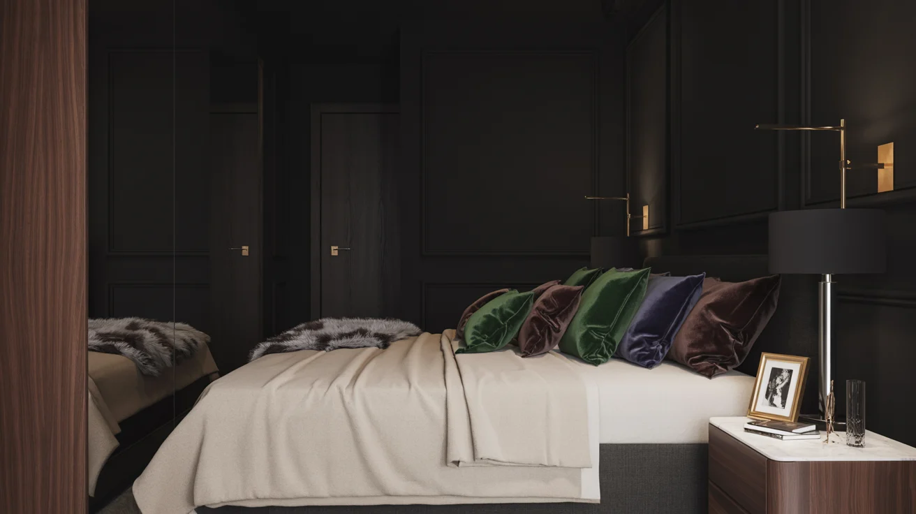 A luxurious bedroom with a dark color scheme features a neatly made bed adorned with velvet pillows in green, blue, and brown. Soft lighting and elegant decor create a cozy, sophisticated ambiance. A white nightstand holds a gold-framed photo and a black lamp.