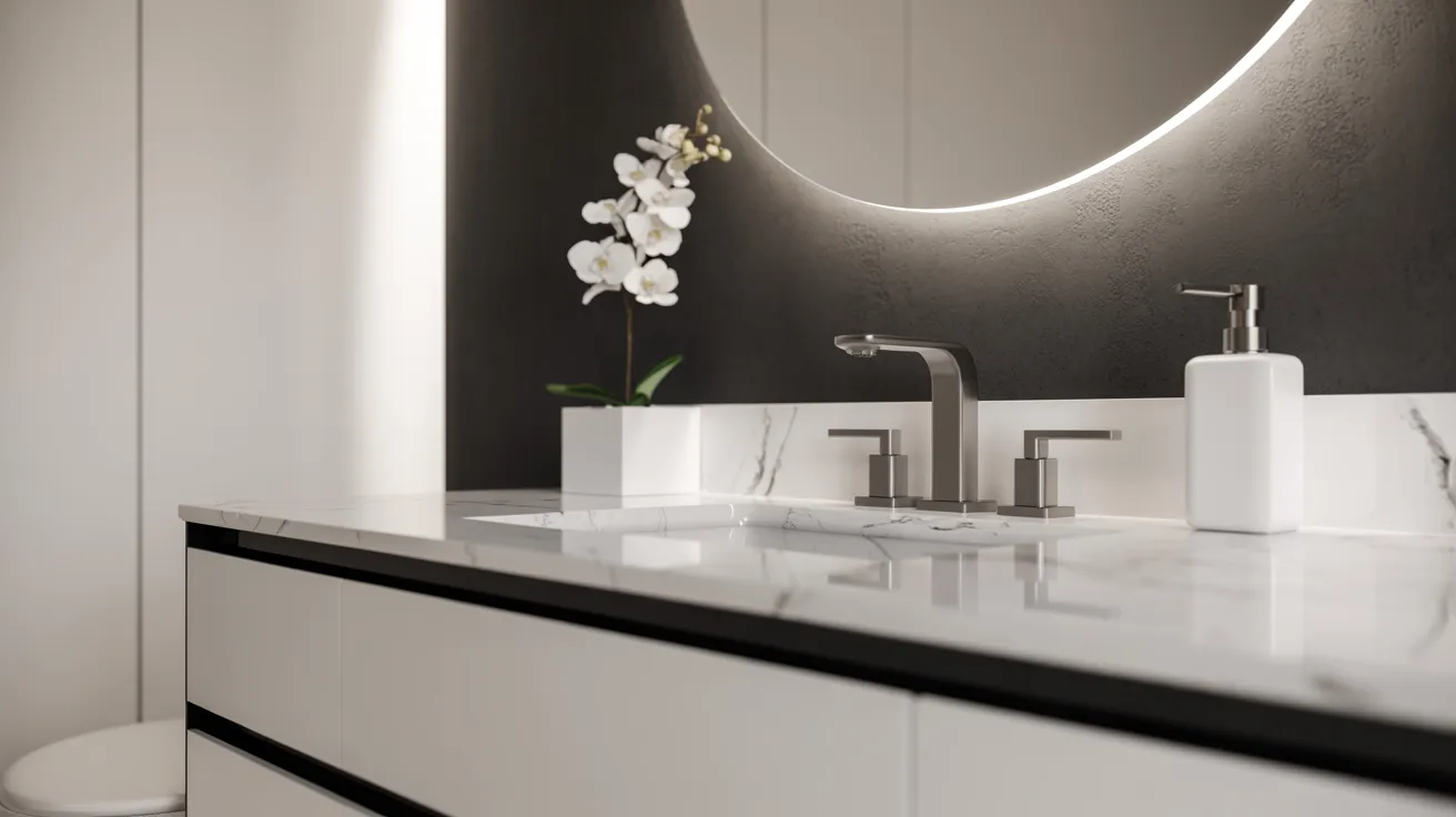 Modern bathroom with a sleek, marble-topped vanity. Features a chrome faucet, white orchid in a vase, soap dispenser, and backlit mirror, exuding elegance.