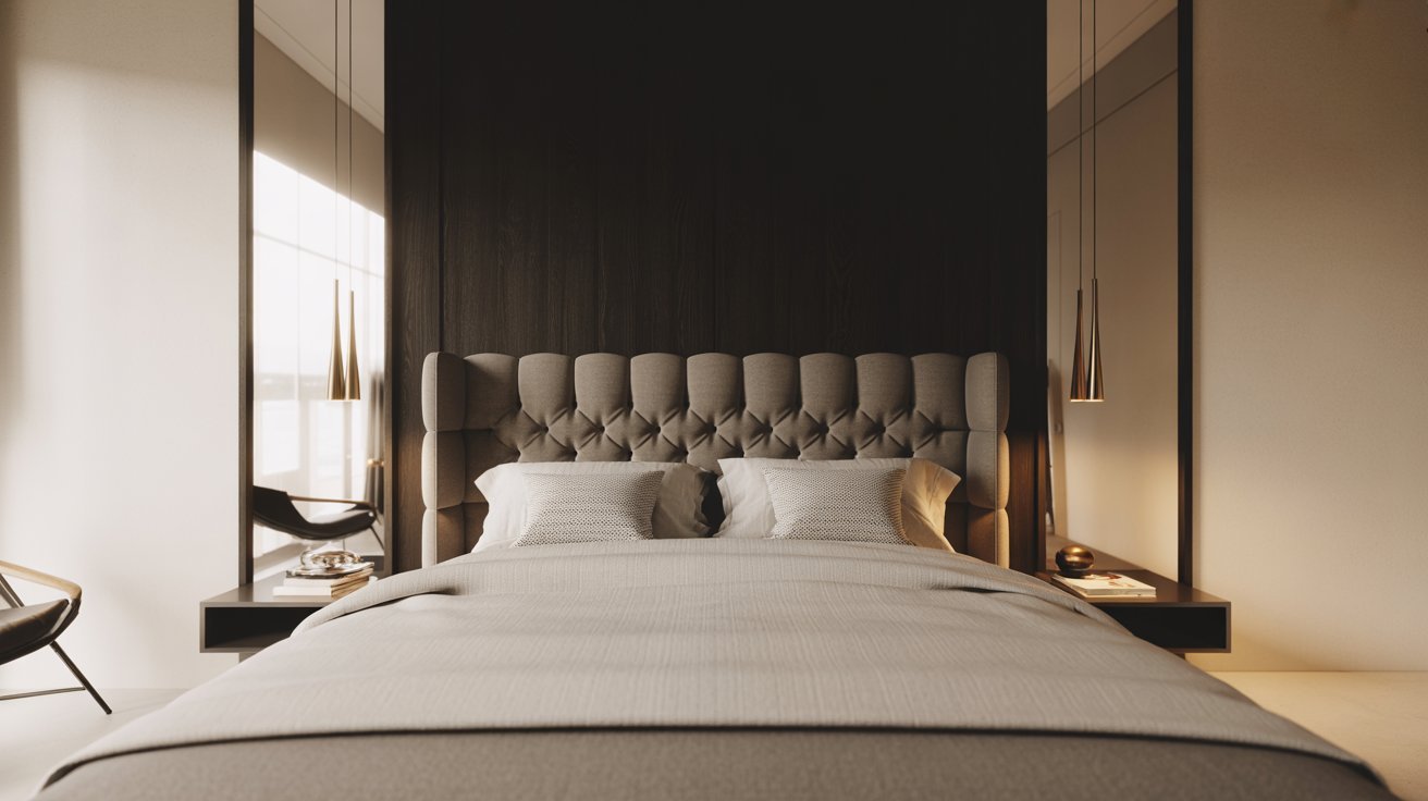 Sophisticated bedroom design with a plush, tufted headboard and minimalist decor. Warm lighting and neutral tones create a serene, elegant atmosphere.