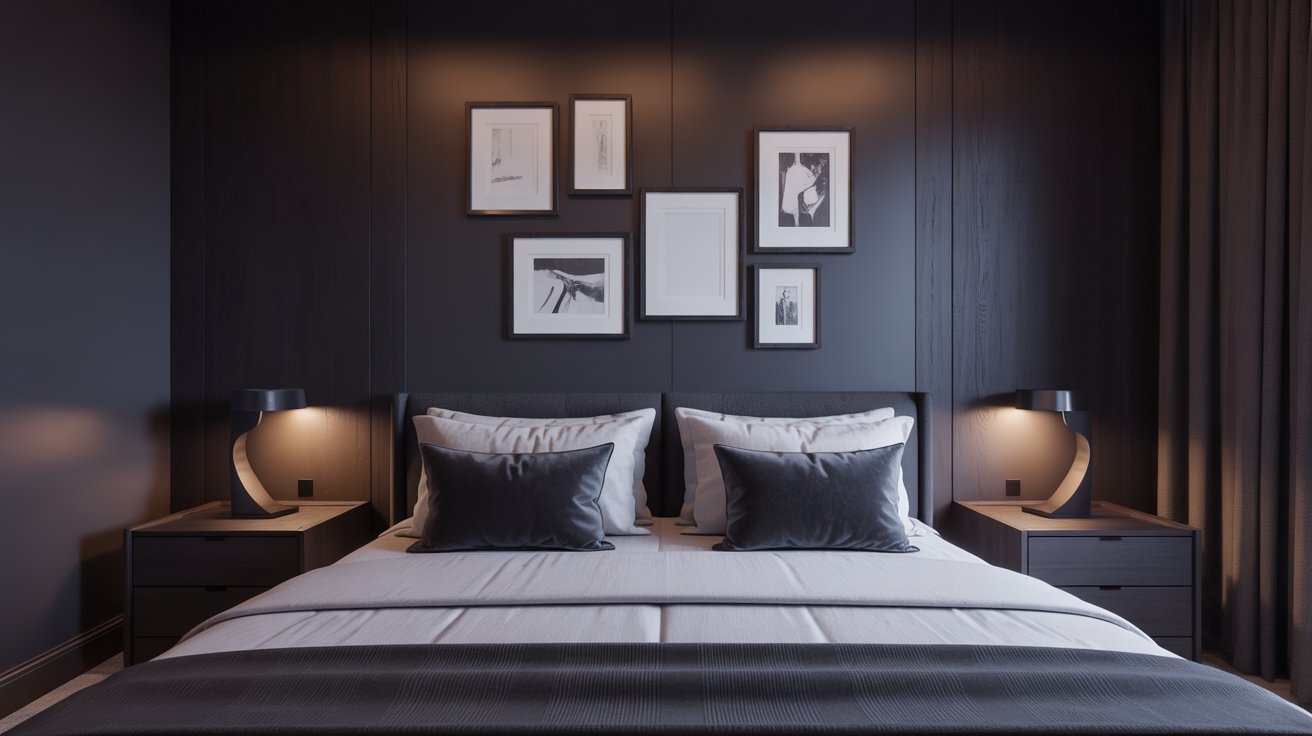 A modern bedroom with a dark, elegant theme features a neatly made bed, gray pillows, symmetrically placed lamps, and framed art on the wall above.