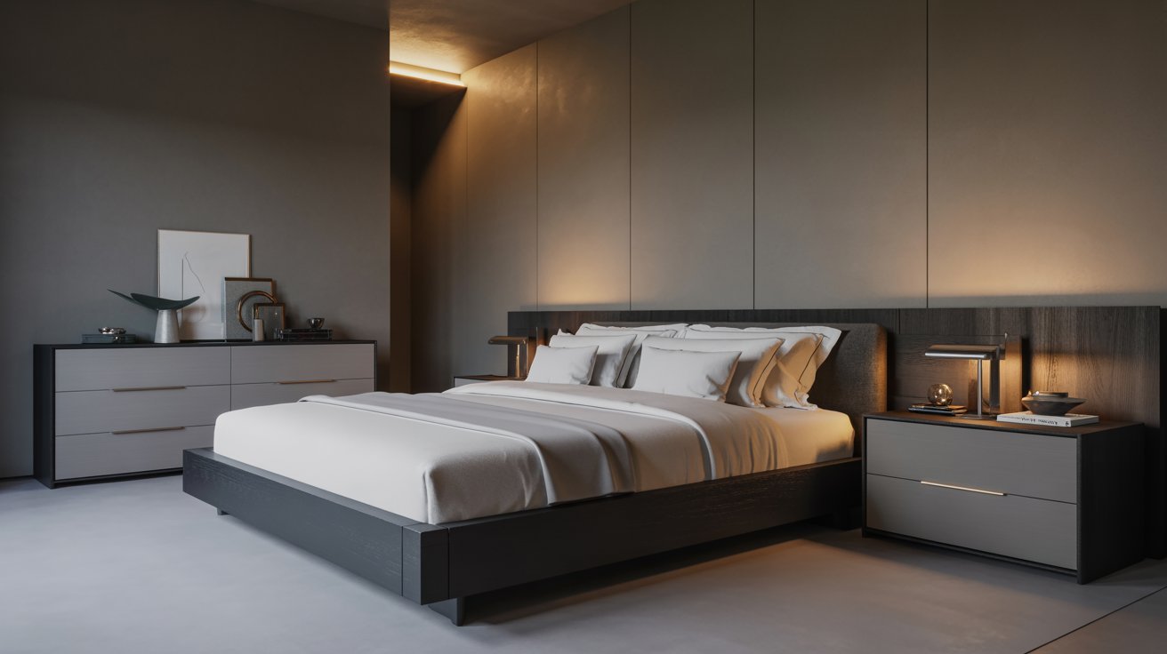 Modern bedroom with a minimalist design featuring a sleek black bed frame, white bedding, wooden nightstands, and soft, warm lighting.