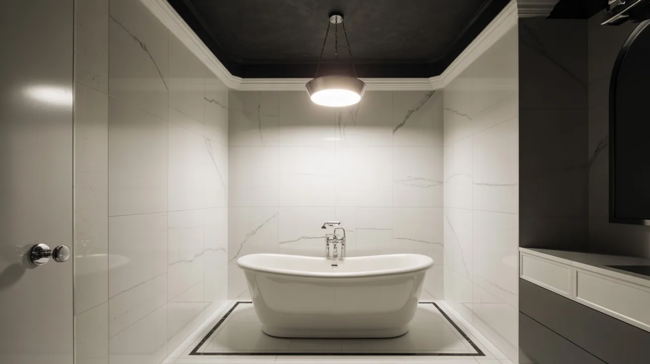 Luxurious bathroom with a central white freestanding tub, surrounded by sleek marble tiles. Warm lighting from above creates an elegant, tranquil ambiance.
