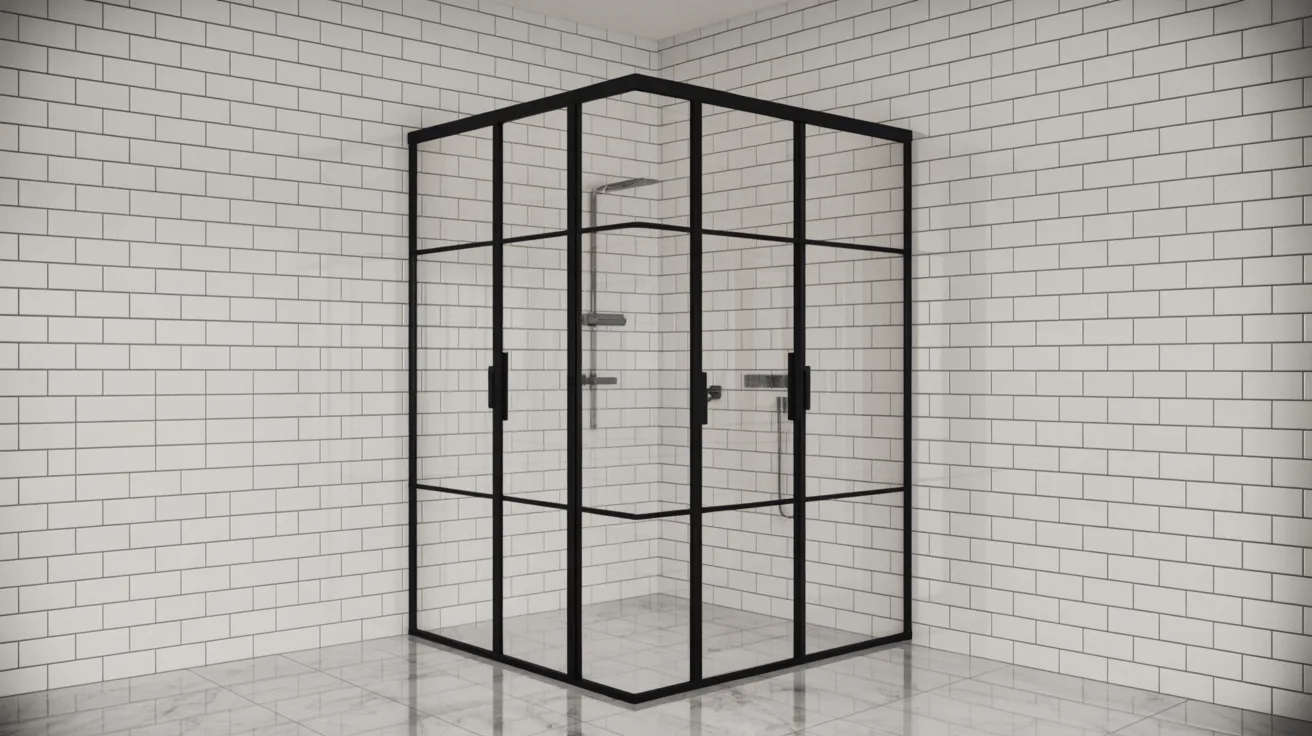 A modern shower space with black-framed glass panels in a corner against white subway-tiled walls. The setting is sleek and minimalist.