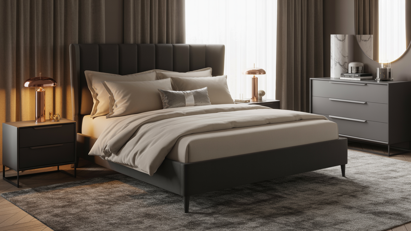 A stylish bedroom with a dark upholstered bed, beige bedding, modern nightstands with copper lamps, and a sleek dresser. Warm, cozy ambiance.