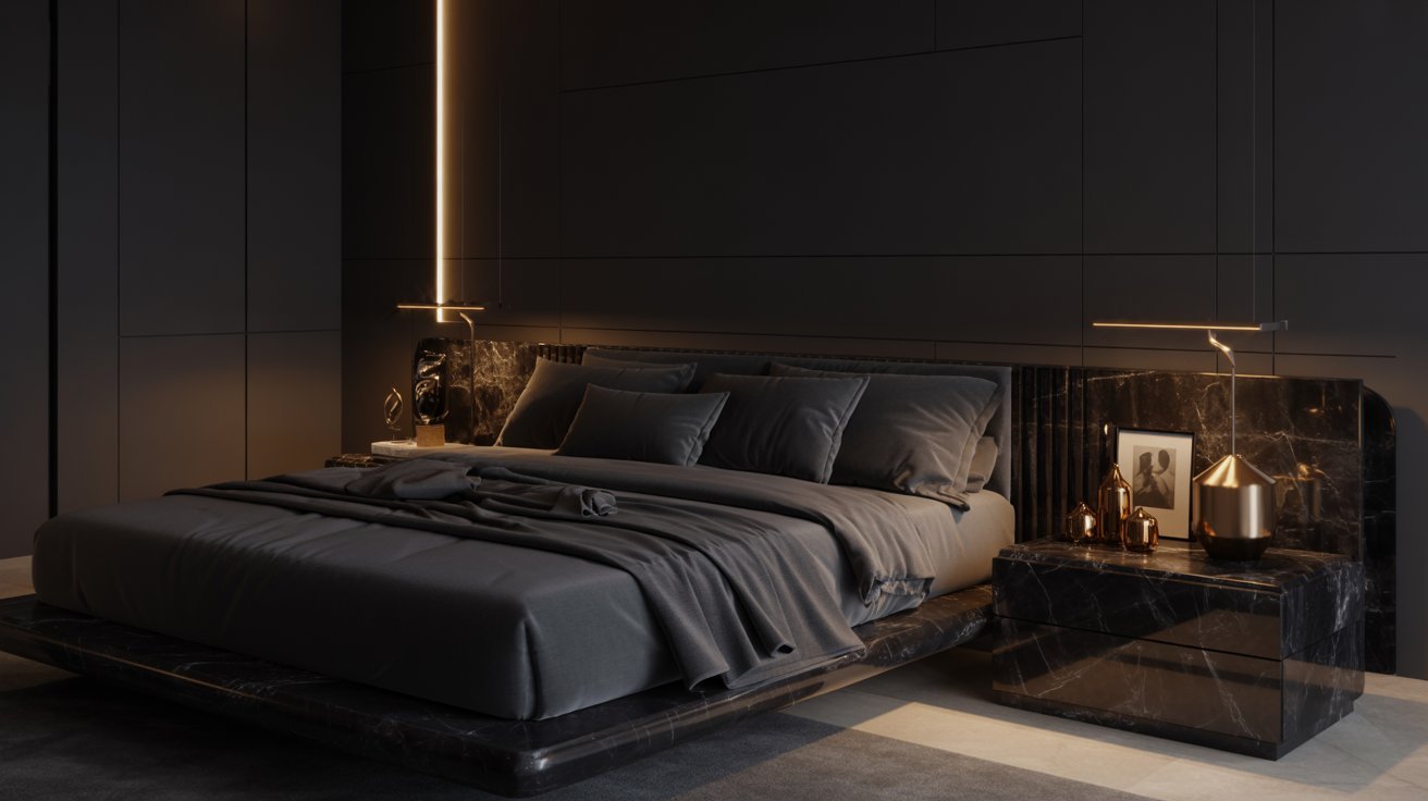 Luxurious dark-themed bedroom with a large gray bed, marble side tables, soft lighting, and elegant decor. The ambiance is modern and sophisticated.