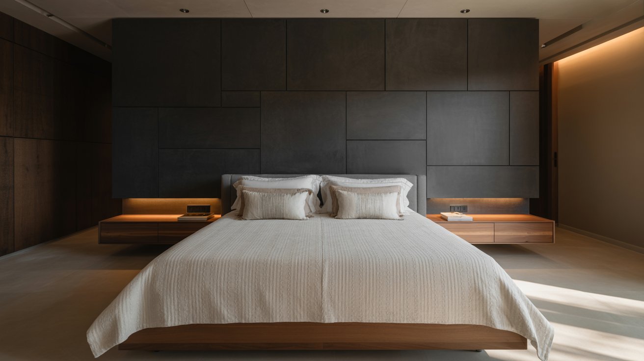 Modern minimalist bedroom with a large bed dressed in a cream duvet, flanked by wooden nightstands. Black geometric accent wall adds elegance.