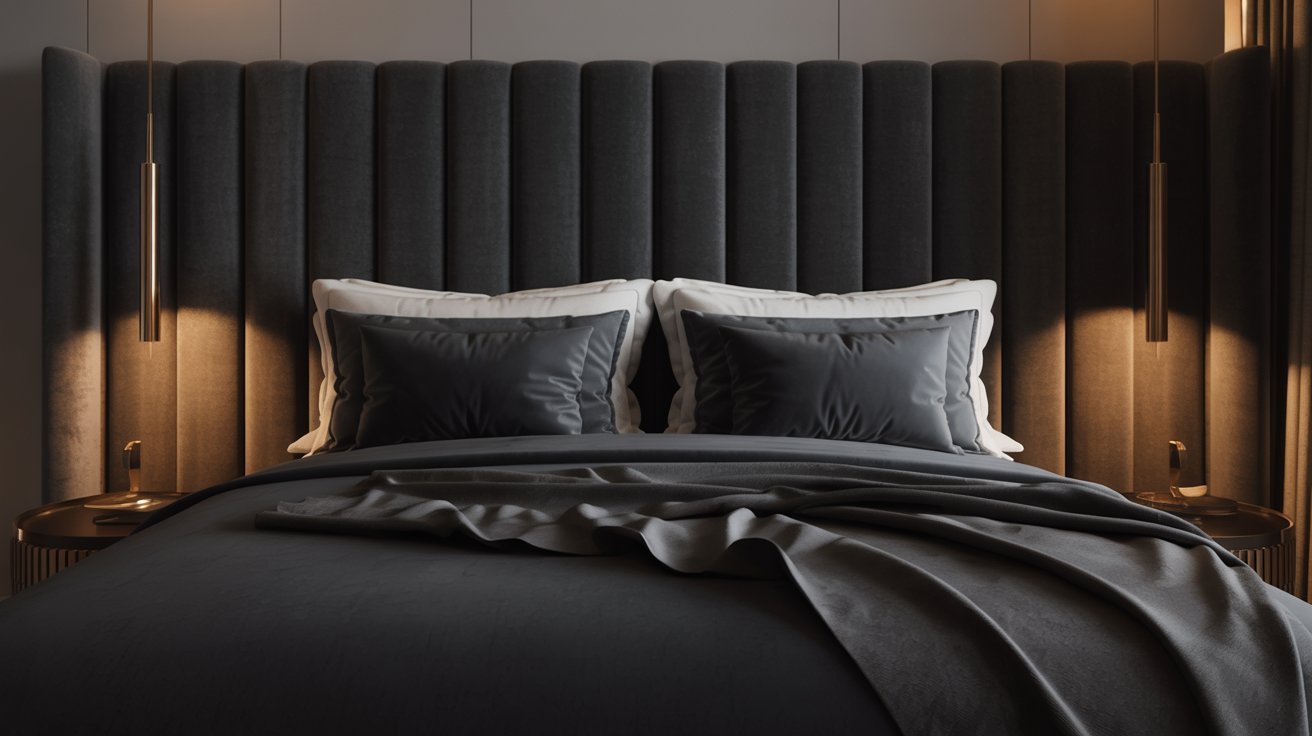 A luxurious bedroom features a large, dark upholstered headboard, two neatly arranged pillows, and soft lighting, creating a cozy and elegant atmosphere.