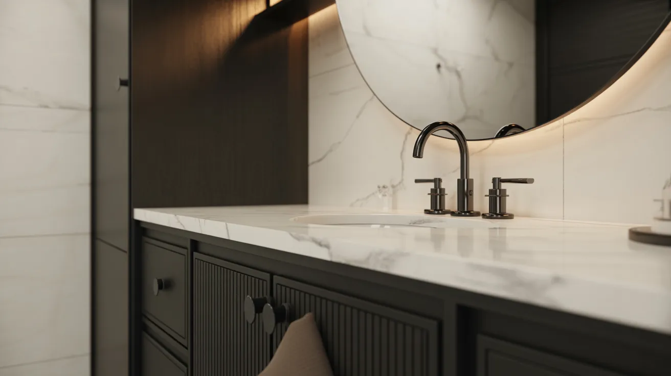  A modern bathroom featuring a sleek marble countertop and elegant black cabinets.