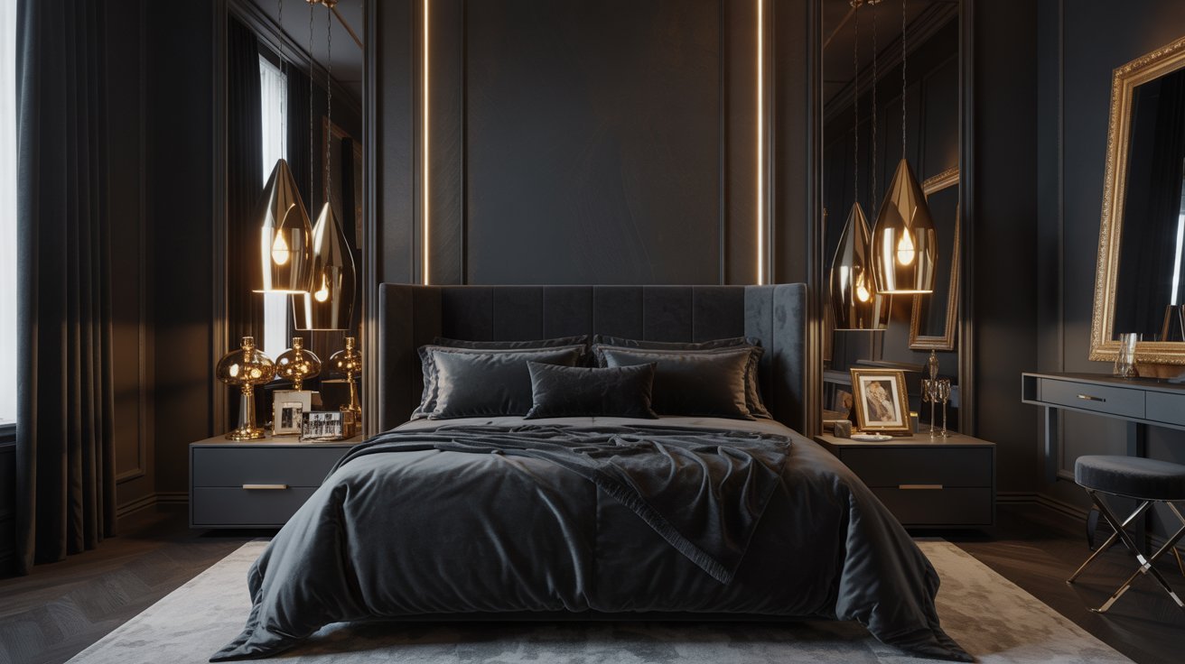Luxurious bedroom with a dark color palette, featuring a plush black bed, elegant pendant lights, gold accents, and sophisticated decor.