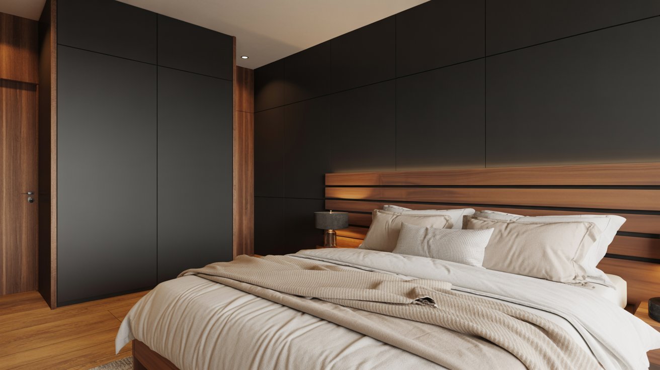 Modern bedroom with a cozy ambiance. A large bed with neutral bedding and pillows is centered. Black and wood panel walls and soft lighting add warmth.
