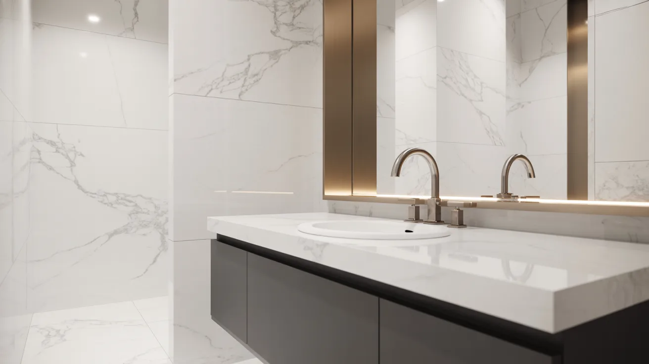 Sleek modern bathroom with white marble walls, a large mirror, and a wide vanity. Twin sinks have stainless steel faucets. The ambiance is clean and minimalist.