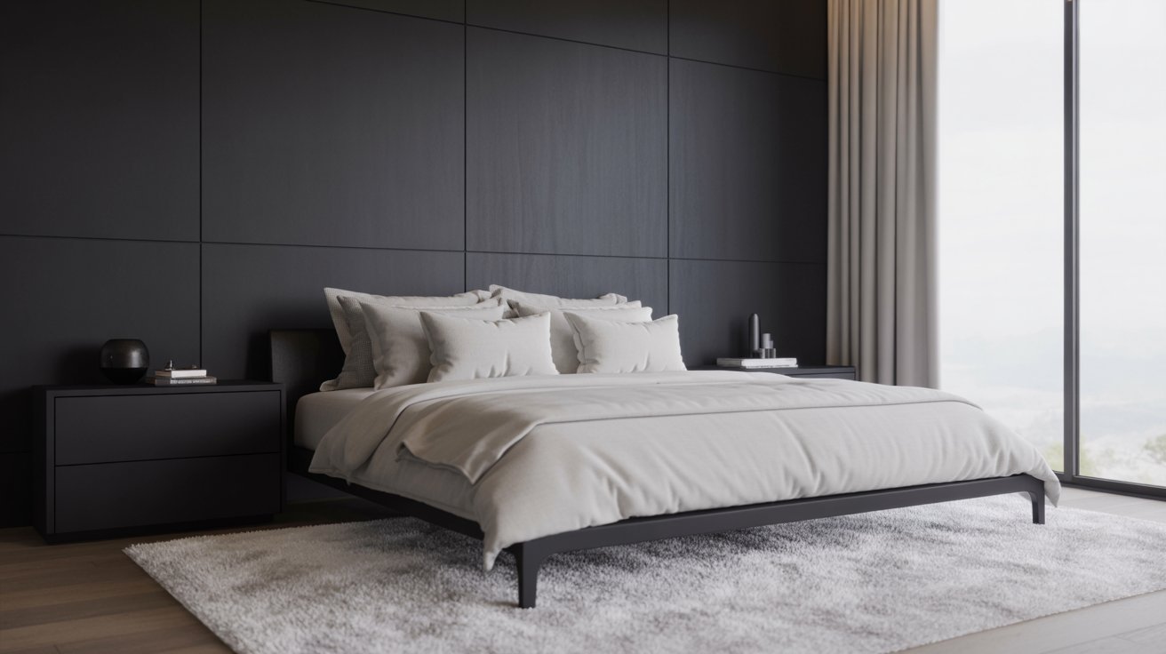 Minimalist bedroom with a large bed adorned with white linens. Dark walls, light curtains, two nightstands with decor, and a fluffy rug create a serene ambiance.