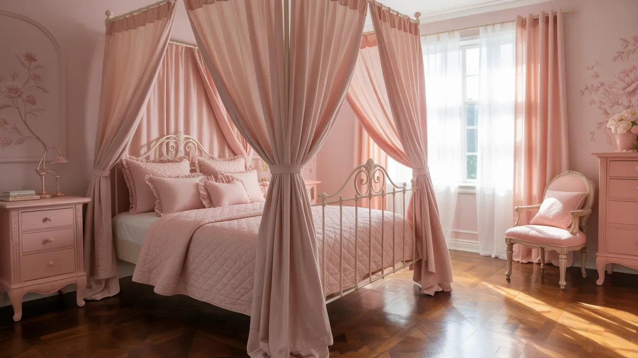 A dreamy pink bedroom featuring a canopy bed with flowing curtains, a quilted comforter, floral accents, and soft sunlight streaming through a window.
