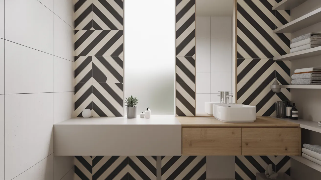 Modern bathroom with bold black-and-white geometric tiles and a frosted window. A wooden vanity with a white sink adds warmth. Shelves hold neatly folded towels.
