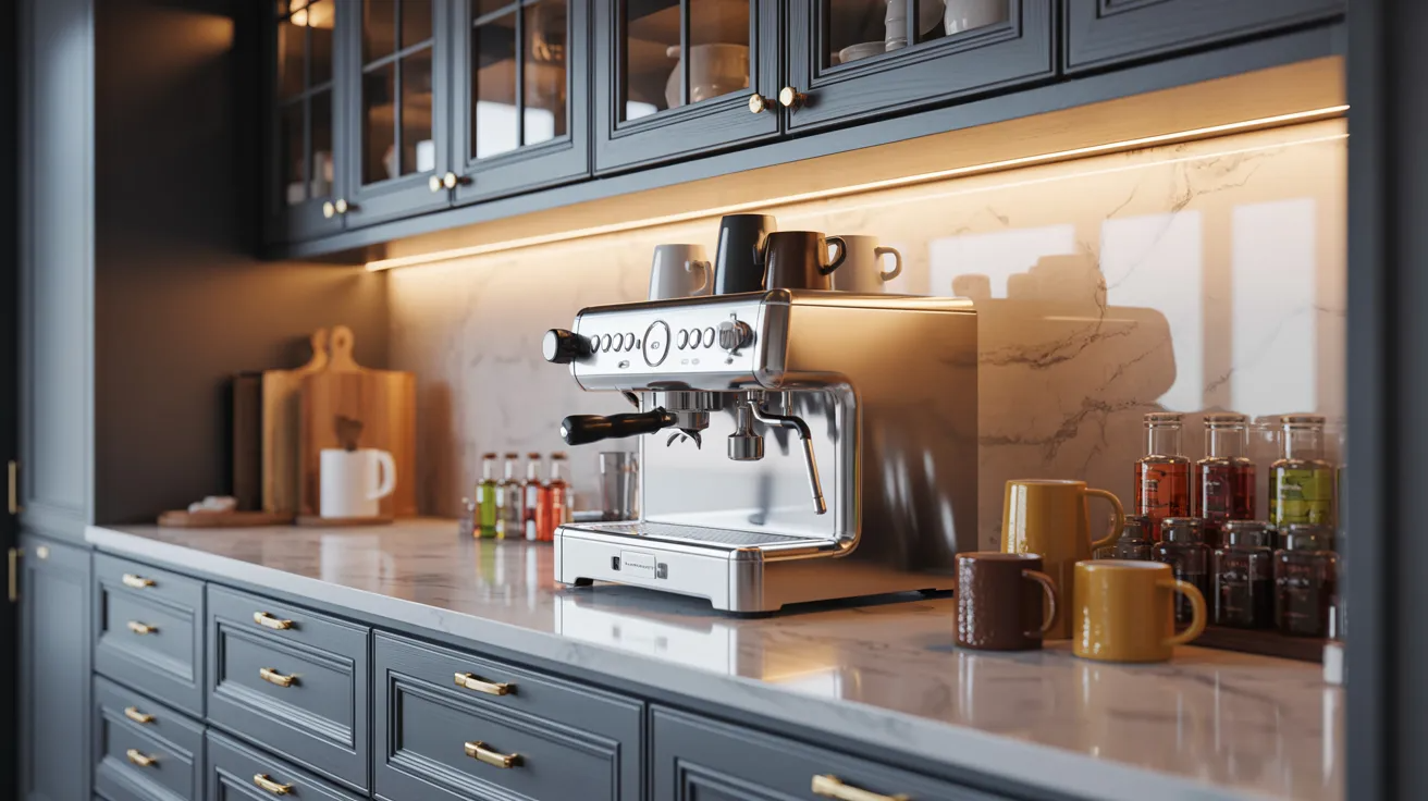 Sleek stainless steel espresso machine on a marble countertop, surrounded by colorful mugs, spices, and kitchen cabinets, creating a cozy, modern vibe.