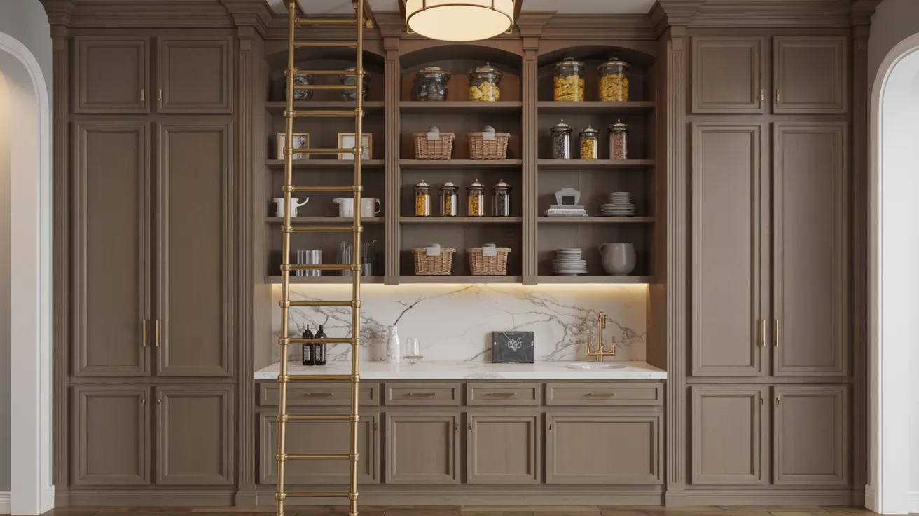  Luxurious kitchen with brown cabinets, a rolling ladder, and marble backsplash. Open shelves display jars and baskets. Elegant, organized, inviting.