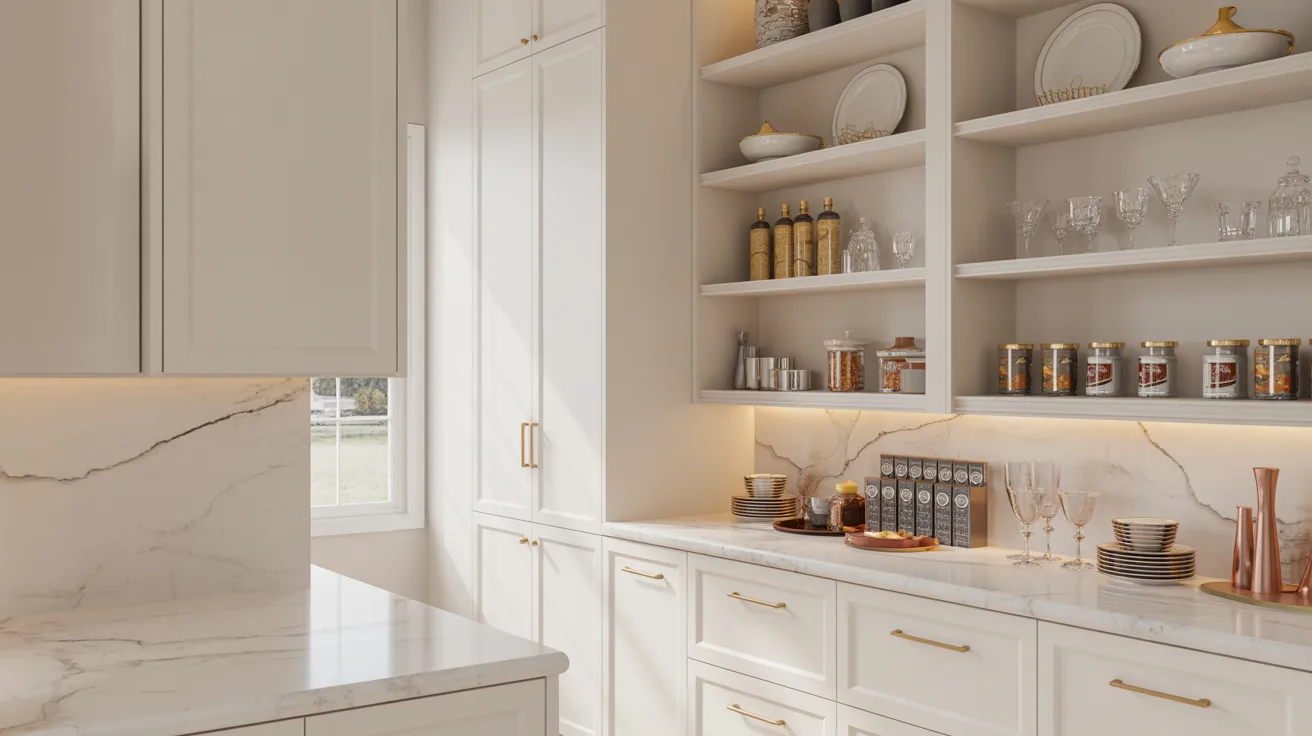 Elegant kitchen with white cabinets, open shelves displaying dishes and glassware, and a marble countertop. Warm lighting creates a cozy atmosphere.