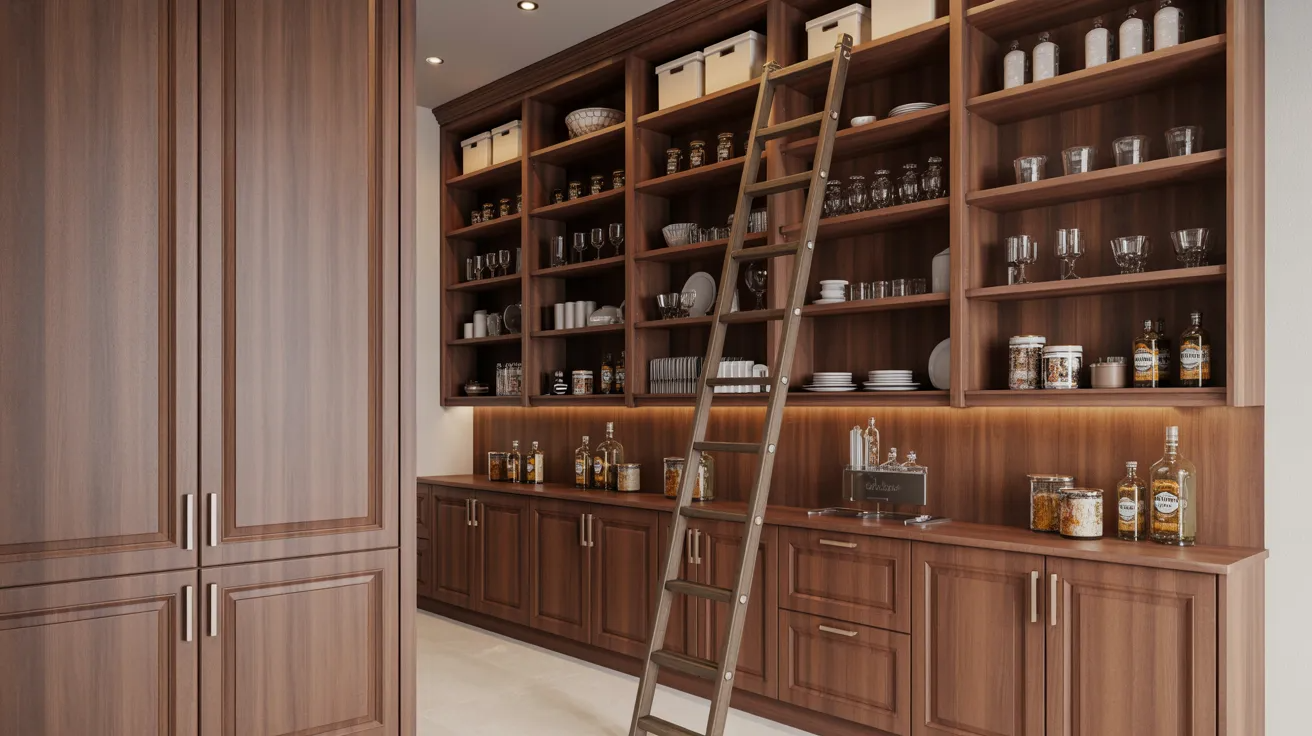 Spacious kitchen with rich wood cabinets and shelves filled with dishes and glassware. A wooden ladder leans against the shelves, adding a cozy touch.