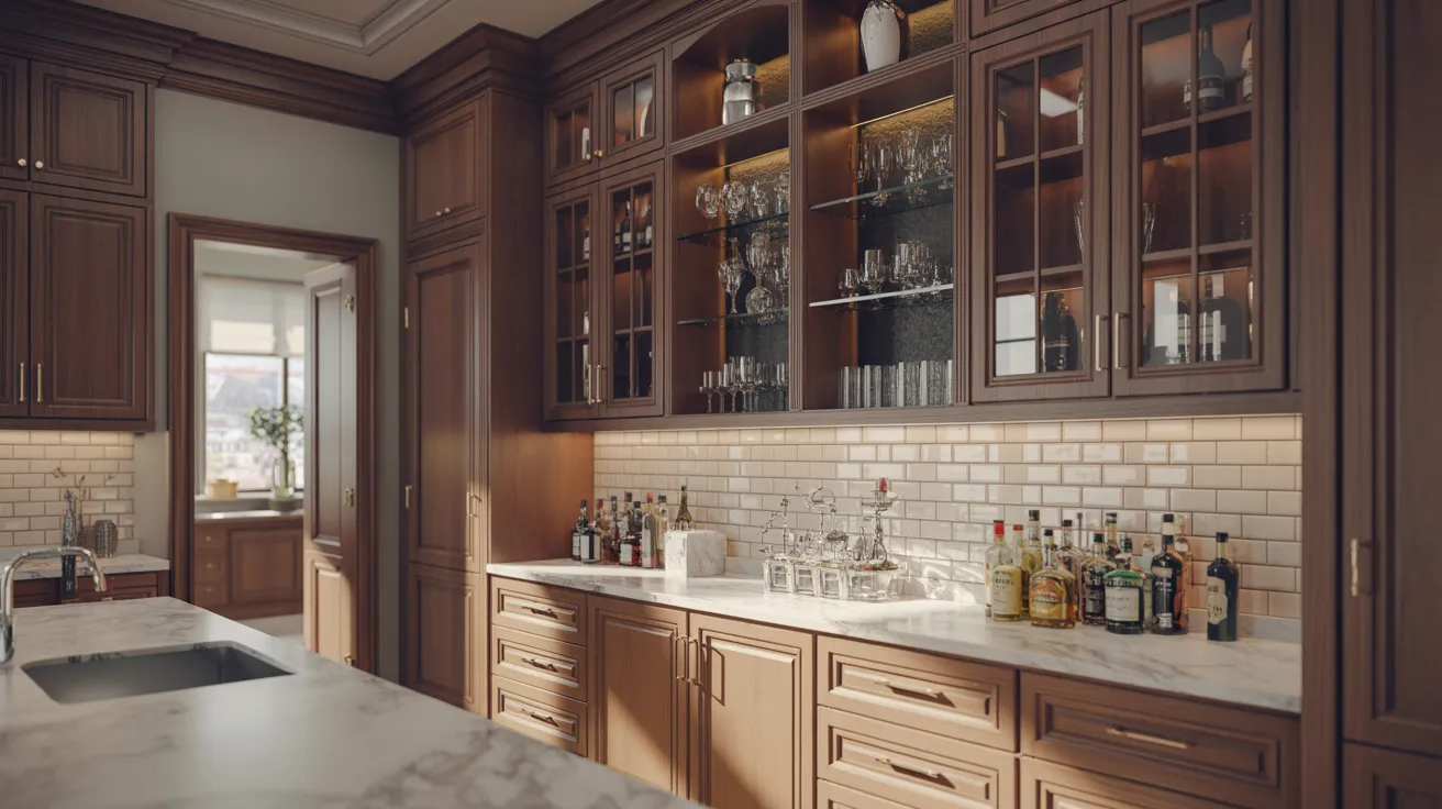Luxurious kitchen bar area with wooden cabinets, glass display of crystal glasses, marble countertops, and assorted liquor bottles, creating an elegant ambiance.