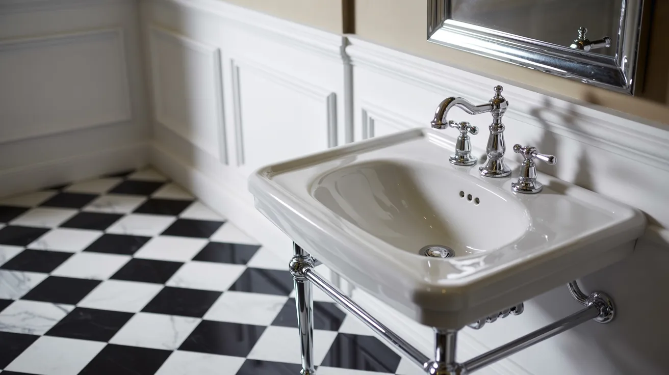 Elegant bathroom with a vintage-style white pedestal sink and polished chrome fixtures. Black and white checkered floor tiles add a classic touch.