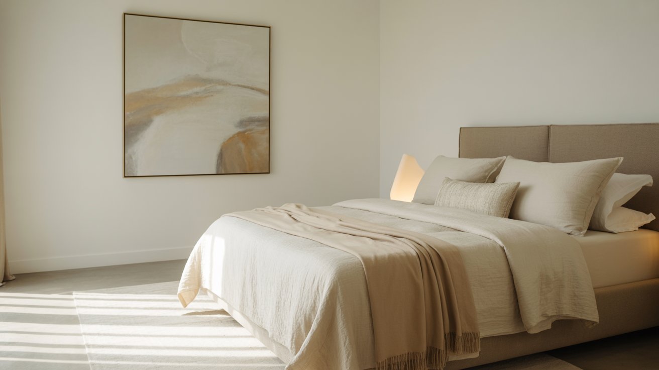 A serene bedroom with a neutral-toned bed, soft beige blankets, and pillows. A large abstract painting hangs on the white wall, bathed in soft sunlight.
