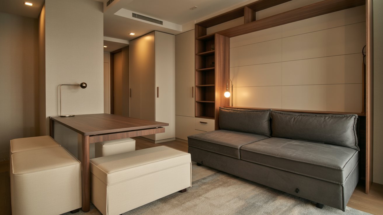 A modern, minimalist living area features a gray sofa, light wood shelves, and a sleek table. Warm lighting creates a cozy and inviting atmosphere.