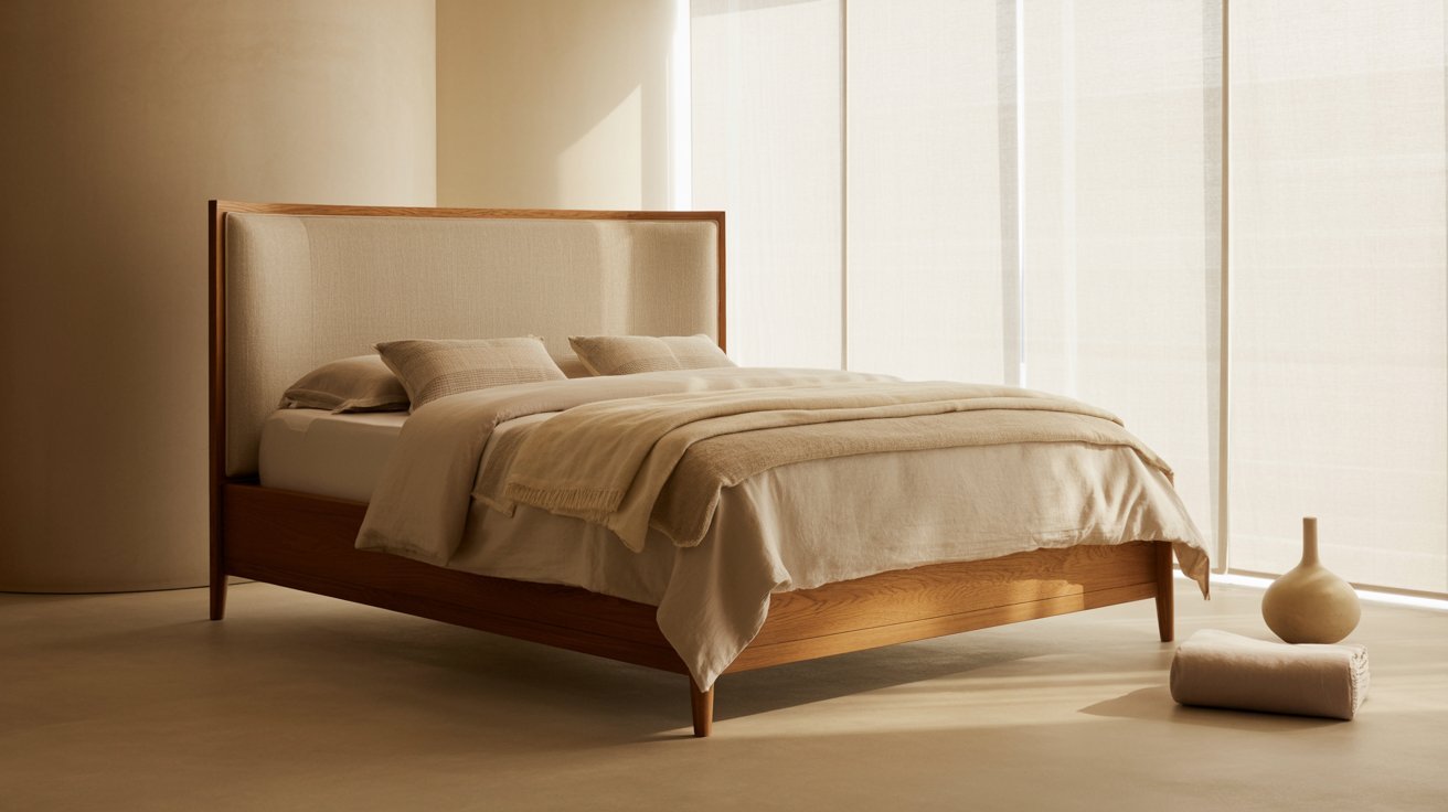 A minimalist bedroom features a wooden bed with soft beige bedding, creating a calming, serene ambiance. Sunlight filters through sheer curtains, illuminating a small vase and rolled towel nearby.
