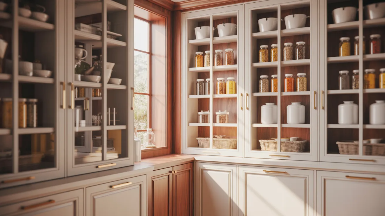 Bright kitchen pantry with glass cabinets full of jars and baskets, bathed in warm sunlight from a window, creating an organized and cozy atmosphere.