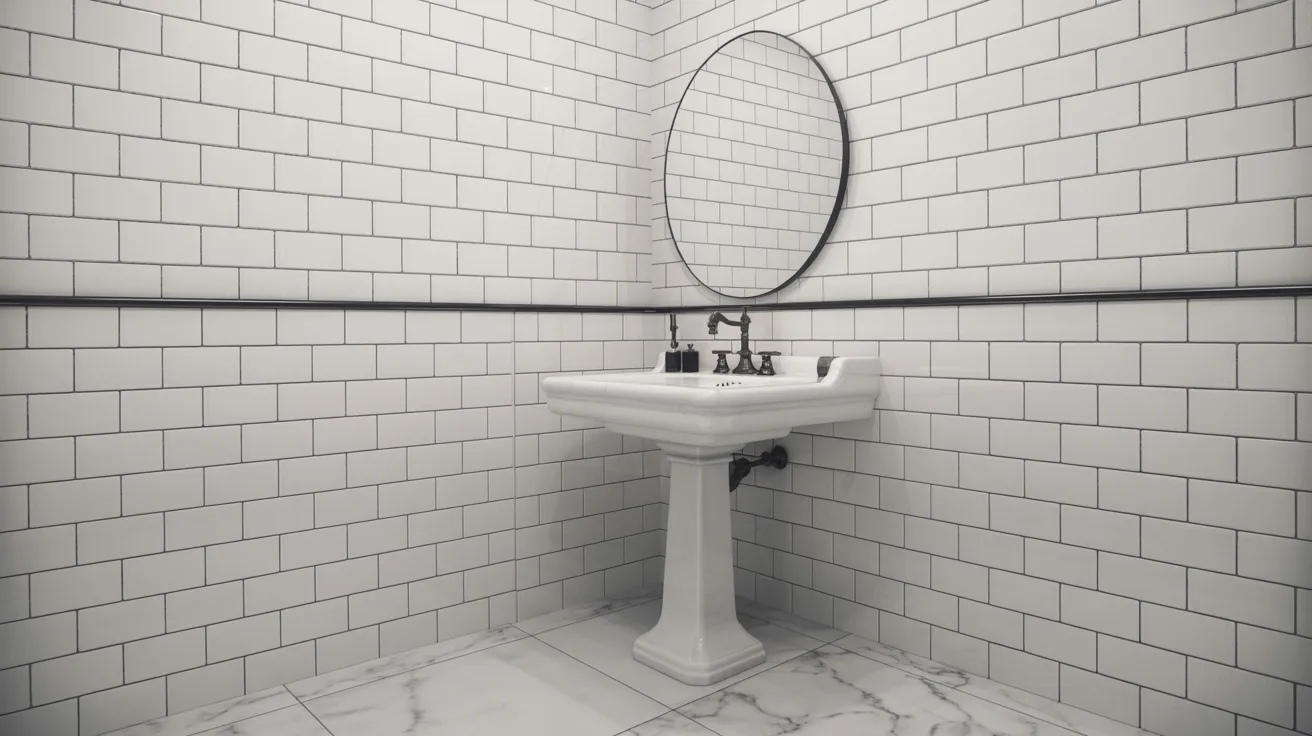 White-tiled bathroom with a pedestal sink and round mirror. Subtle elegance, clean lines, and monochrome tones create a minimalist, serene atmosphere.