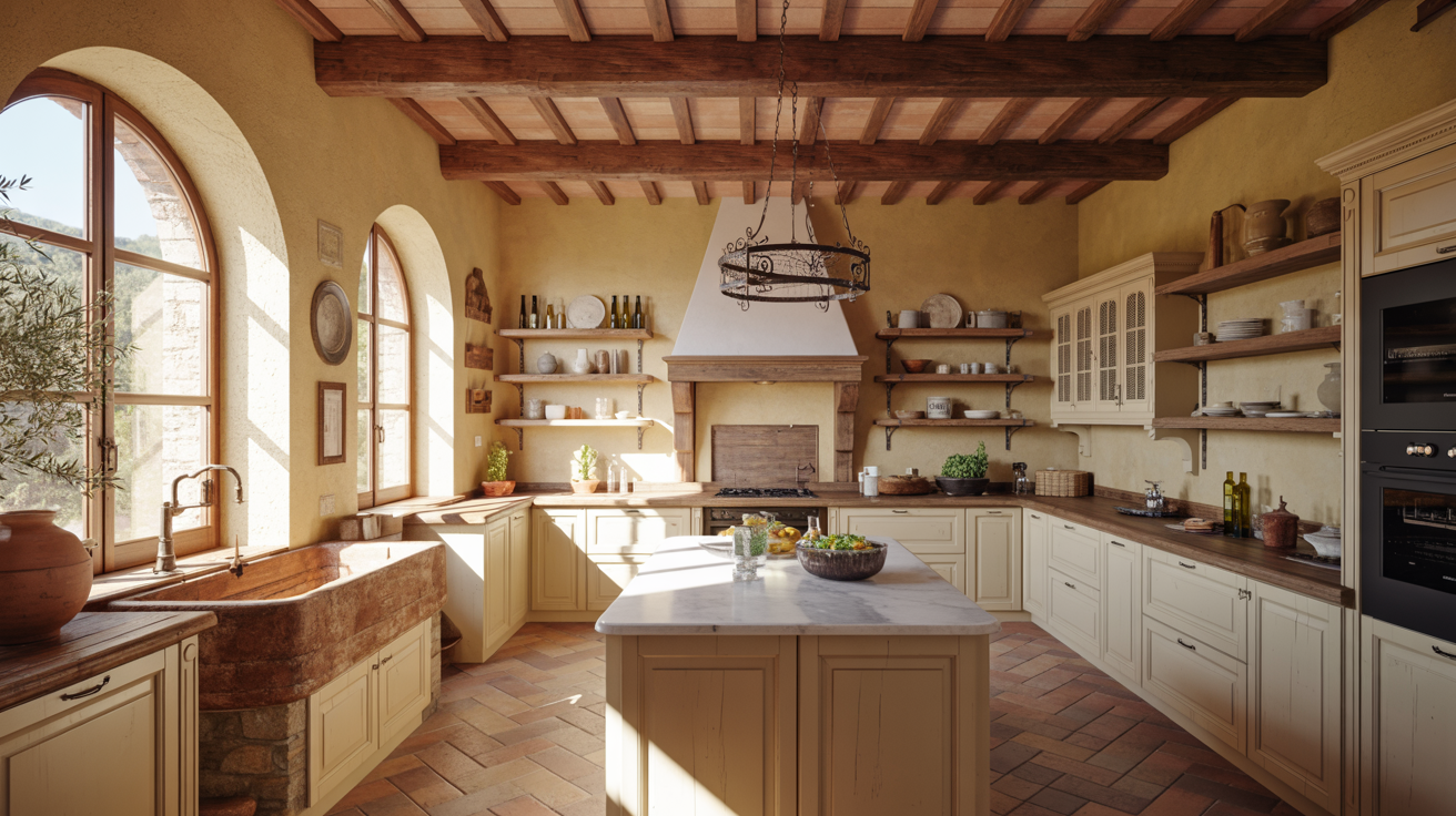 Warm, rustic kitchen with wooden beams, arched windows, and terracotta tiles. Sunlit space features a central island, open shelves, and vintage charm.
