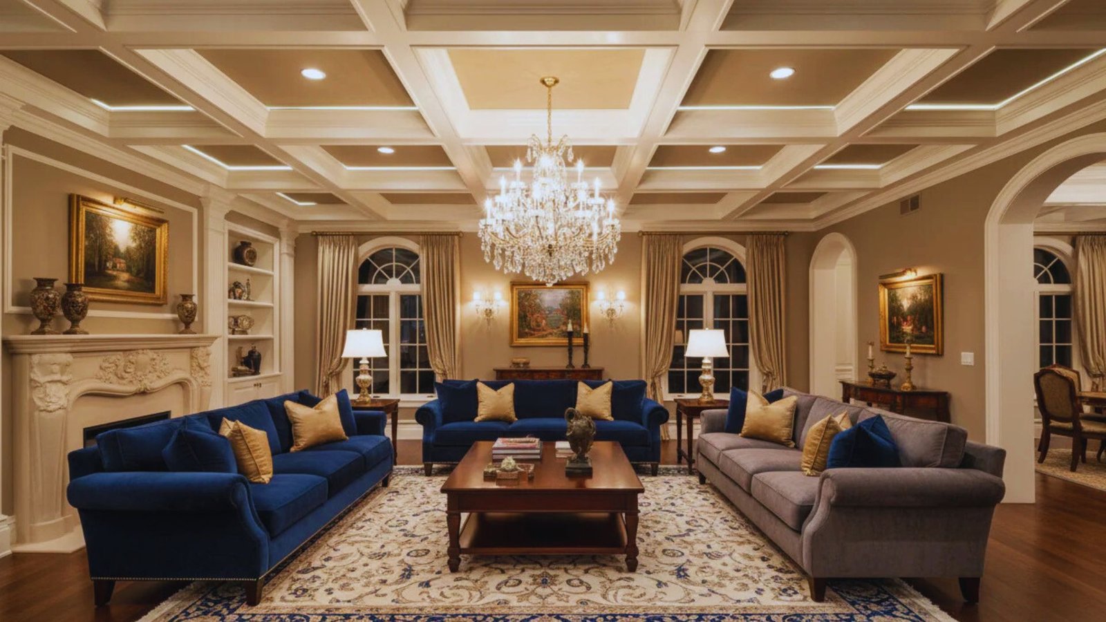 Elegant living room featuring a grand chandelier, plush blue sofas with gold cushions, an ornate fireplace, and classic artwork, exuding warmth and luxury.