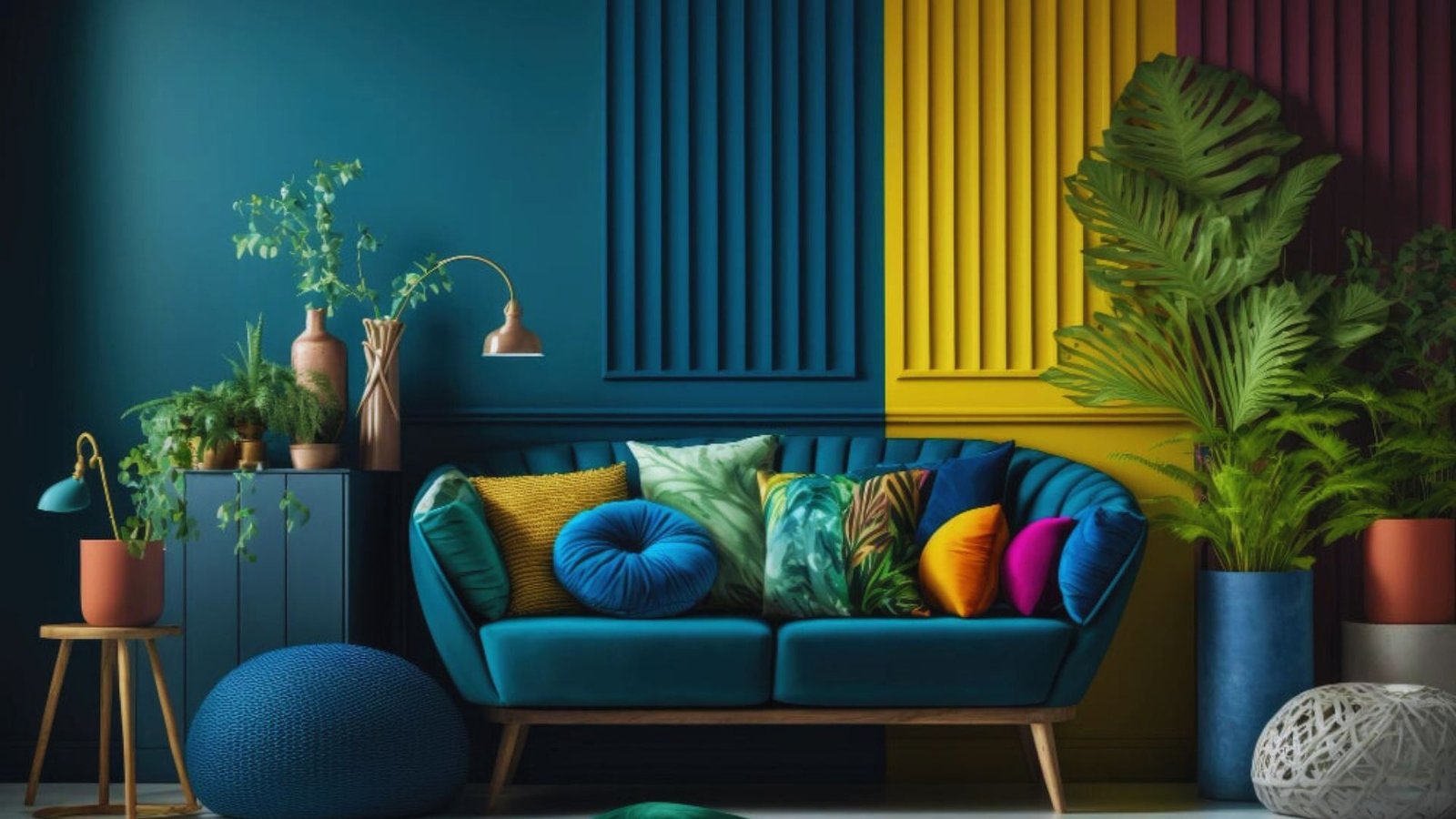 A vibrant, modern living room with a teal sofa adorned with various colorful cushions. A mix of large leafy plants and sleek lamps complement the bold blue and gold walls.