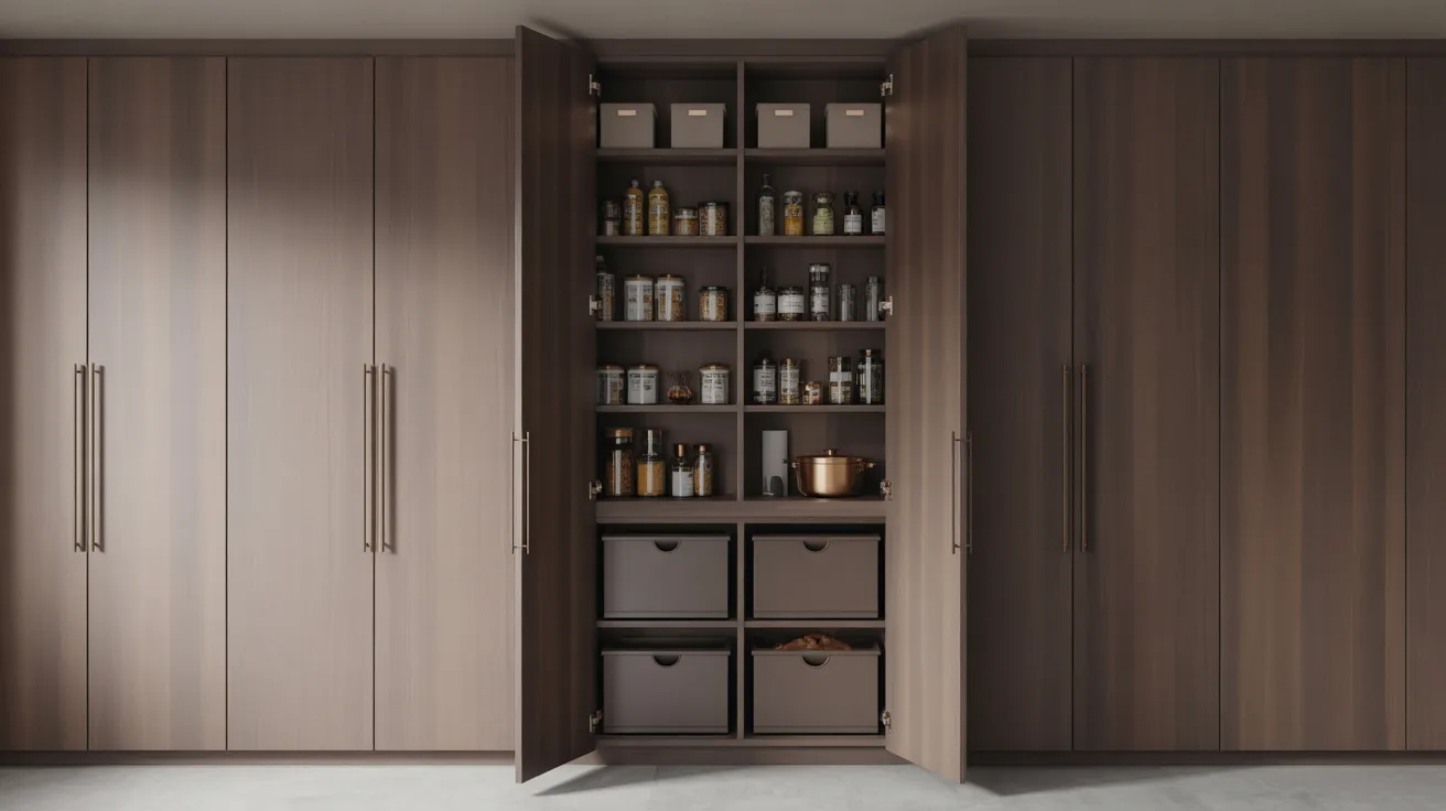A modern wooden pantry with open doors reveals neatly organized shelves containing jars, bottles, boxes, and storage bins, conveying order and simplicity.