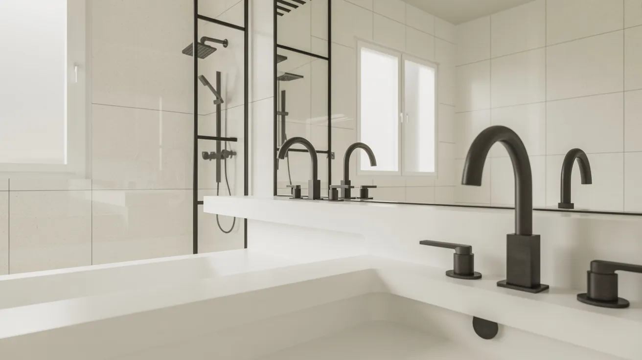 Modern bathroom with white tiles, featuring sleek black faucets and a large mirror. Two windows provide natural light, creating a clean, minimalistic vibe.