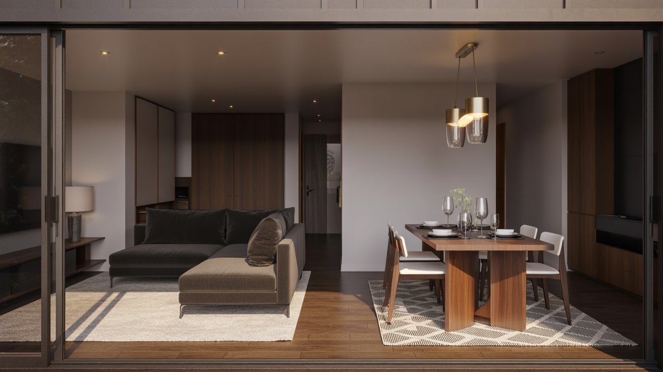 Modern living room and dining area with a cozy gray sectional sofa, wooden table set for four under elegant pendant lights. Warm, inviting ambiance.