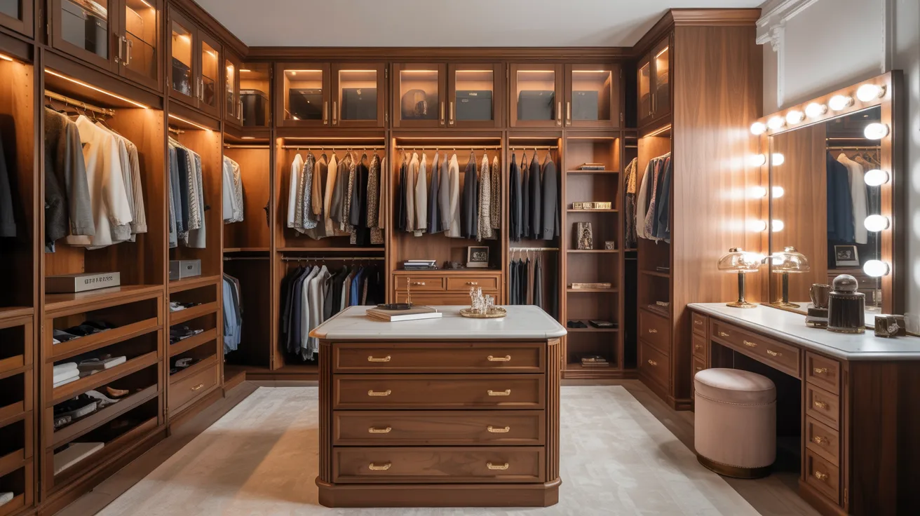 Luxurious walk-in closet with wooden cabinetry, neatly arranged clothes, central island, and a well-lit vanity table. Warm lighting creates an elegant ambiance.