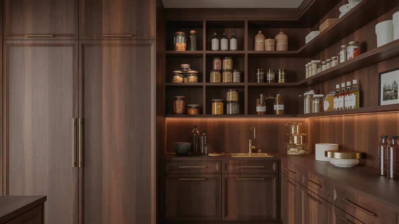 Warm, elegant kitchen pantry with wooden cabinets, shelves filled with jars and bottles. Subdued lighting accents create a cozy, organized atmosphere.