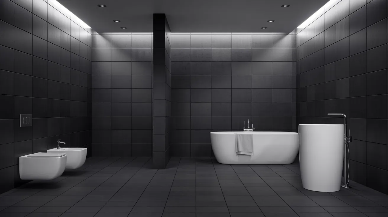A modern, minimalist bathroom with dark tiled walls and floor. It features a wall-mounted toilet, bidet, standalone bathtub, and tall sink basin. The lighting is sleek and subdued, creating a calm, luxurious ambiance.