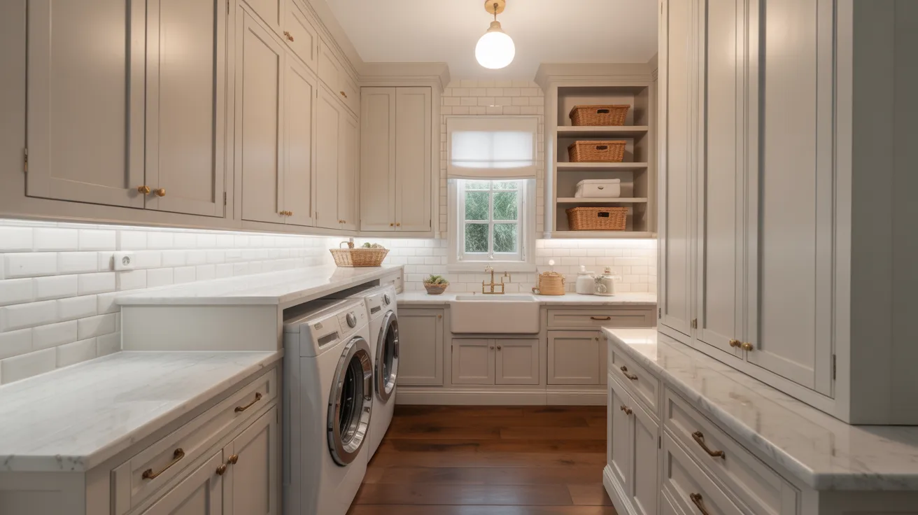 Sleek laundry room with beige cabinetry, white countertops, and wooden floor. It features a washer and dryer, a farmhouse sink, and baskets on shelves.