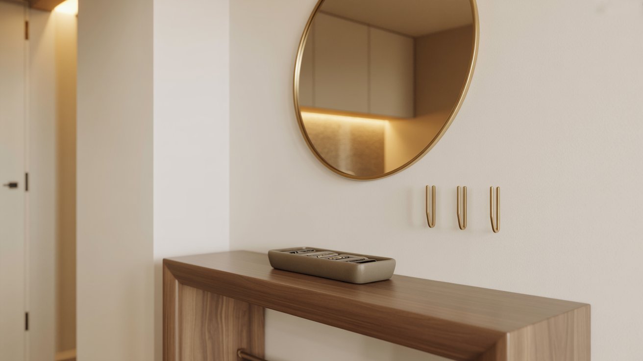 Minimalist hallway with a wooden console table, round gold-framed mirror, and three gold hooks. Soft lighting creates a warm, inviting atmosphere.