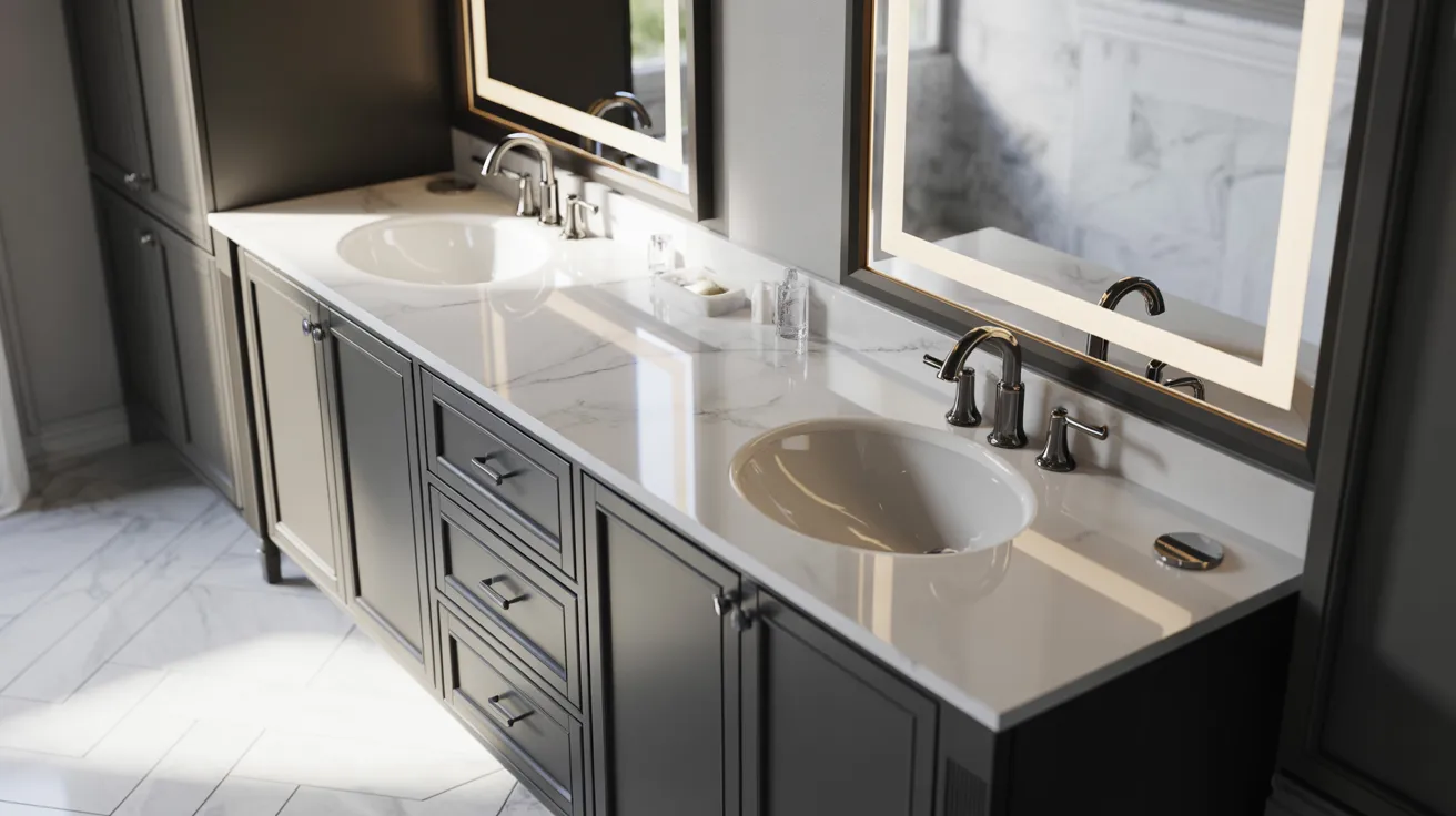 Modern bathroom with a dual-sink vanity featuring sleek black fixtures, marble countertop, and illuminated mirrors, creating an elegant, clean ambiance.